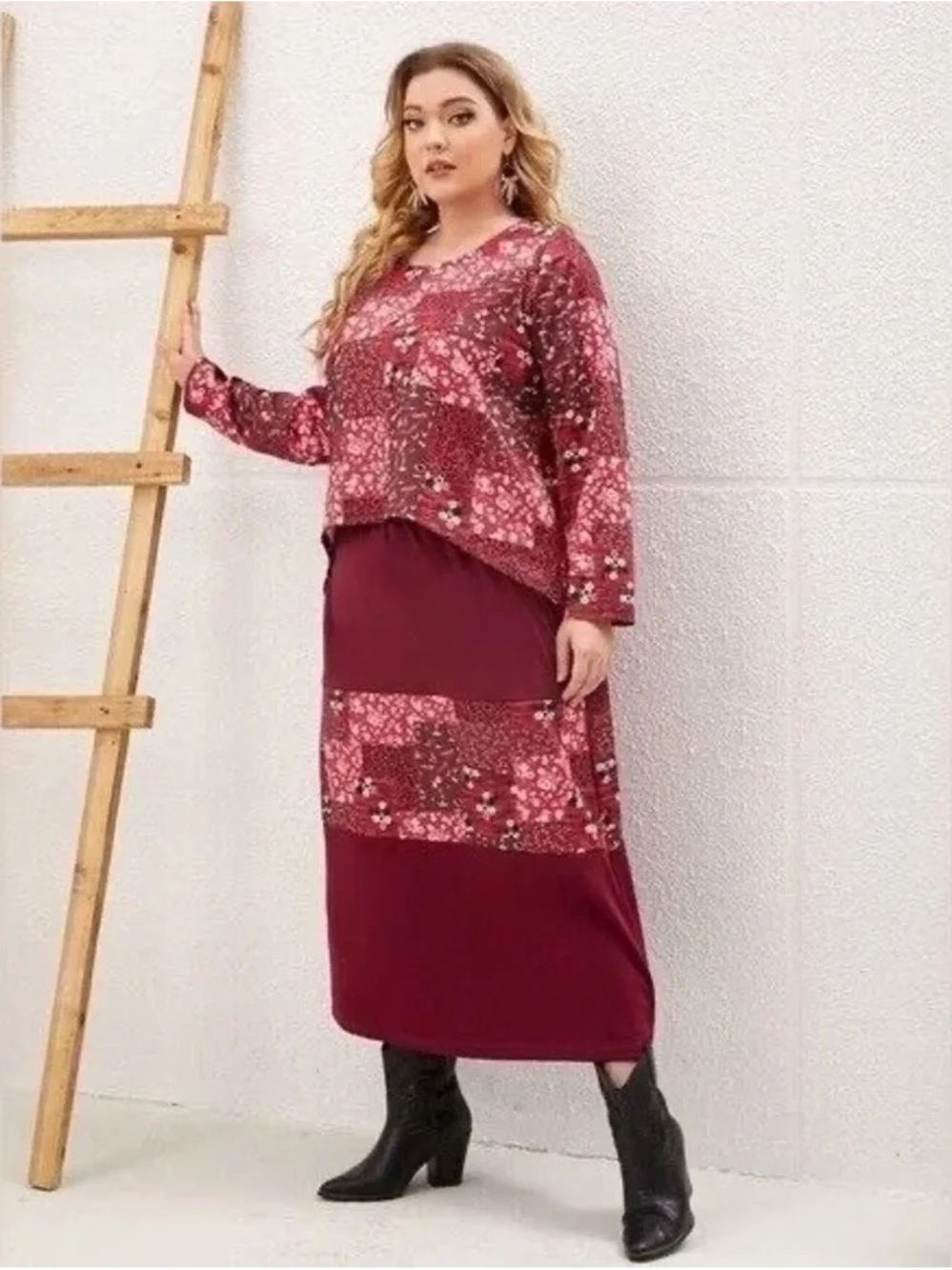 Emery Rose | Plus Ditsy Floral Patchwork Print Tee & Skirt